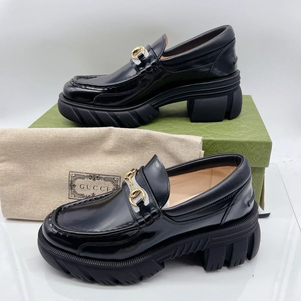 GUCCI Horsebit Creeper Loafers Platform Black Sylke Leather Women's EU 41 - Picture 3 of 16